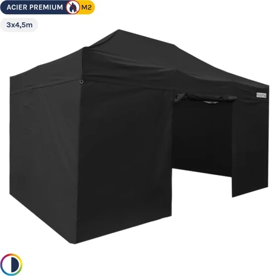Tente Pliante - Stand Acier Premium M2 3x4,5m NOIR + Pack Côtés 380gr/m²
