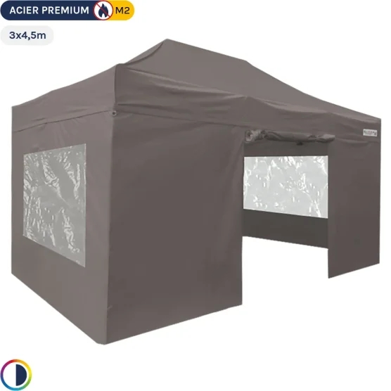 Tente Pliante - Stand Acier Premium M2 3x4,5m TAUPE + Pack Fenêtres 380gr/m²