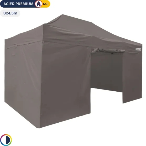 Tente Pliante - Stand Acier Premium M2 3x4,5m TAUPE + Pack Côtés 380gr/m²