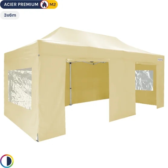 Tente Pliante - Stand Acier Premium M2 3x6m BEIGE + Pack Fenêtres 380gr/m²