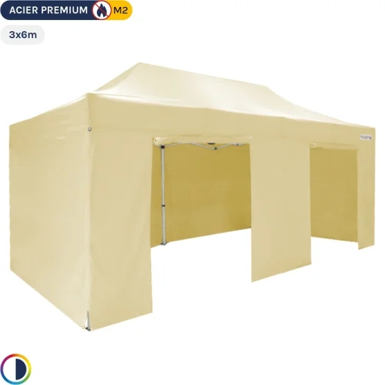 Tente Pliante - Stand Acier Premium M2 3x6m BEIGE + Pack Côtés 380gr/m²