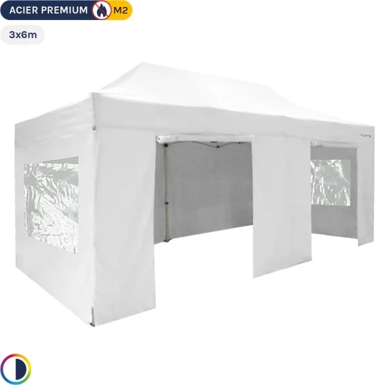 Tente Pliante - Stand Acier Premium M2 3x6m BLANC + Pack Fenêtres 380gr/m²