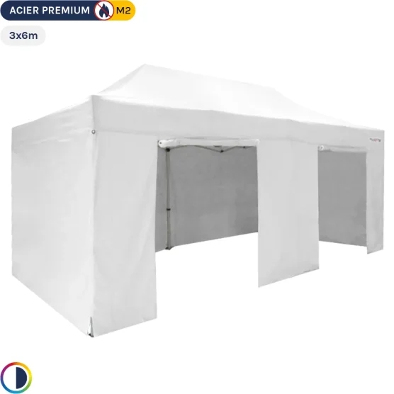 Tente Pliante - Stand Acier Premium M2 3x6m BLANC + Pack Côtés 380gr/m²