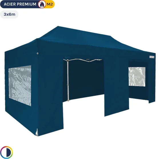 Tente Pliante - Stand Acier Premium M2 3x6m BLEU + Pack Fenêtres 380gr/m²