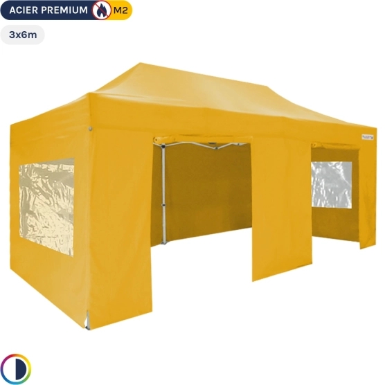 Tente Pliante - Stand Acier Premium 3x6m JAUNE + Pack Fenêtres 380gr/m² Tente Pliante - Stand Acier Premium 3x6m JAUNE + Pack Fenêtres 380gr/m²