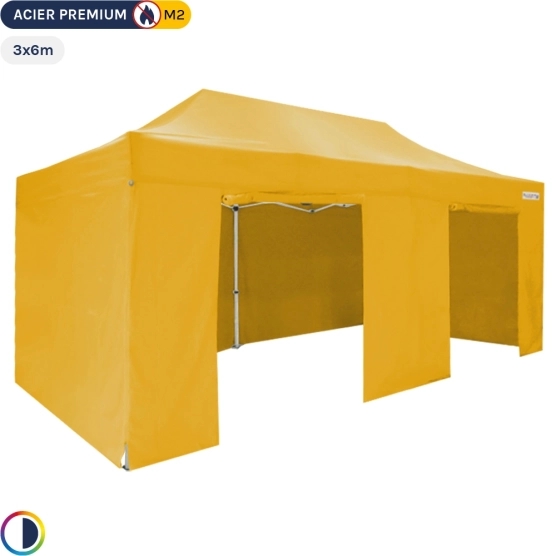 Tente Pliante - Stand Acier Premium 3x6m JAUNE + Pack Côtés 380gr/m²