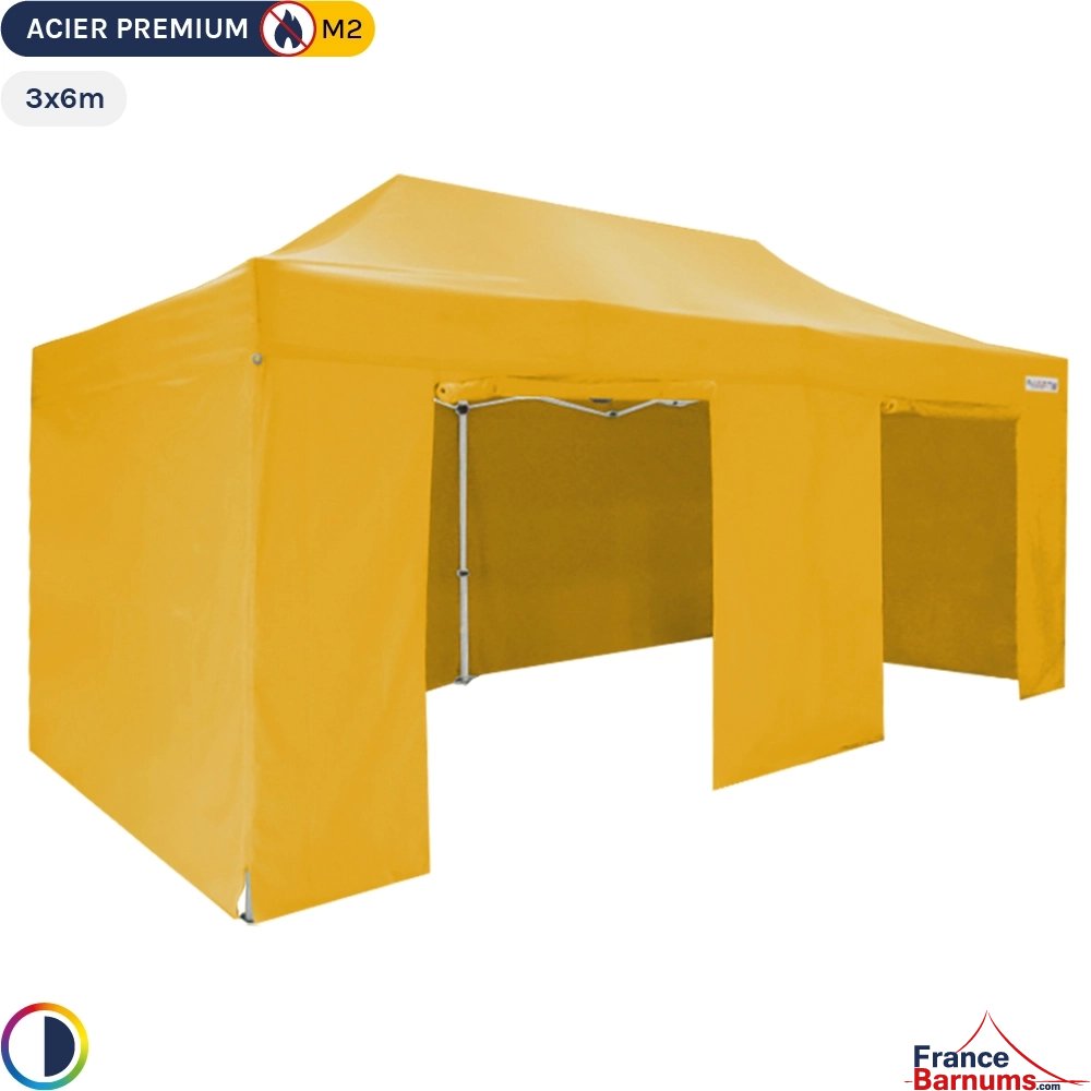 Tente Pliante - Stand Acier Premium 3x6m JAUNE + Pack Côtés 380gr/m²