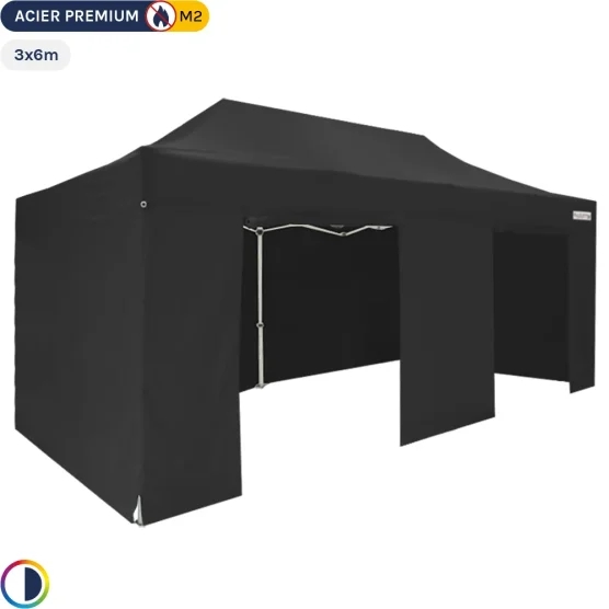 Tente Pliante - Stand Acier Premium M2 3x6m NOIR + Pack Côtés 380gr/m²