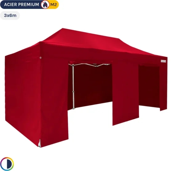 Tente Pliante - Stand Acier Premium M2 3x6m ROUGE + Pack Côtés 380gr/m²
