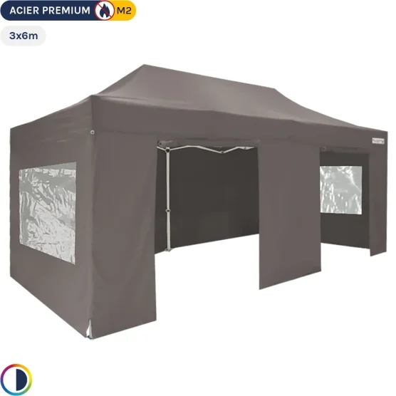Tente Pliante - Stand Acier Premium M2 3x6m TAUPE + Pack Fenêtres 380gr/m²