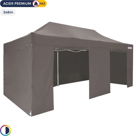 Tente Pliante - Stand Acier Premium M2 3x6m TAUPE + Pack Côtés 380gr/m² Tente Pliante - Stand Acier Premium M2 3x6m TAUPE + Pack Côtés 380gr/m²