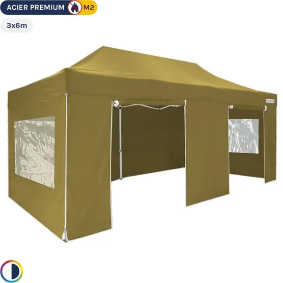 Tente Pliante - Stand Acier Premium M2 3x6m VERT DORÉ + Pack Fenêtres 380gr/m²