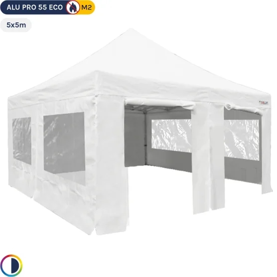 Tente Pliante Alu Pro 55 ECO 5mx5m BLANC + Toit 580gr/m² et Fenêtres 380gr/m²