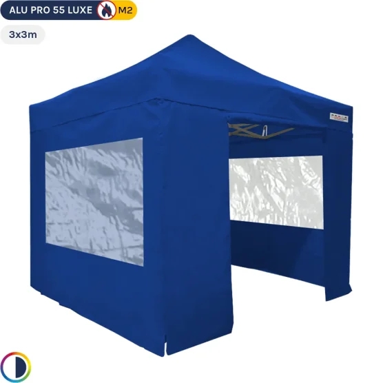 Tente Pliante Alu Pro 55 LUXE M2 3mx3m BLEU + Pack Fenêtres en PVC 580gr/m²