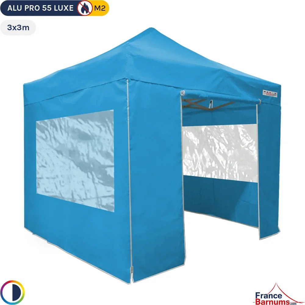 Tente Pliante Alu Pro 55 LUXE M2 3mx3m BLEU CIEL + Pack Fenêtres 580gr/m²