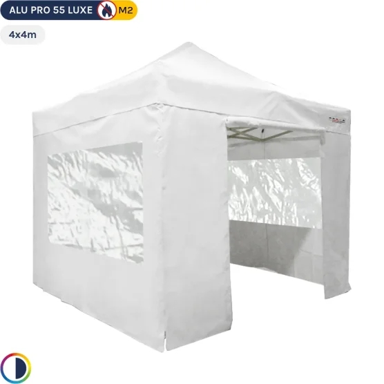 Tente Pliante Alu Pro 55 LUXE M2 4mx4m BLANC + Pack Fenêtres PVC 580gr/m²