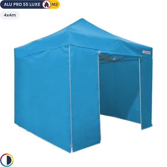 Tente Pliante Alu Pro 55 LUXE M2 4mx4m BLEU CIEL + Pack Côtés PVC 580gr/m²