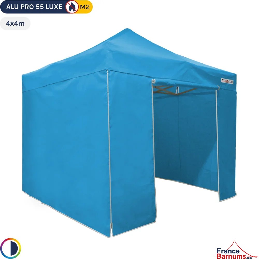 Tente Pliante Alu Pro 55 LUXE M2 4mx4m BLEU CIEL + Pack Côtés PVC 580gr/m²