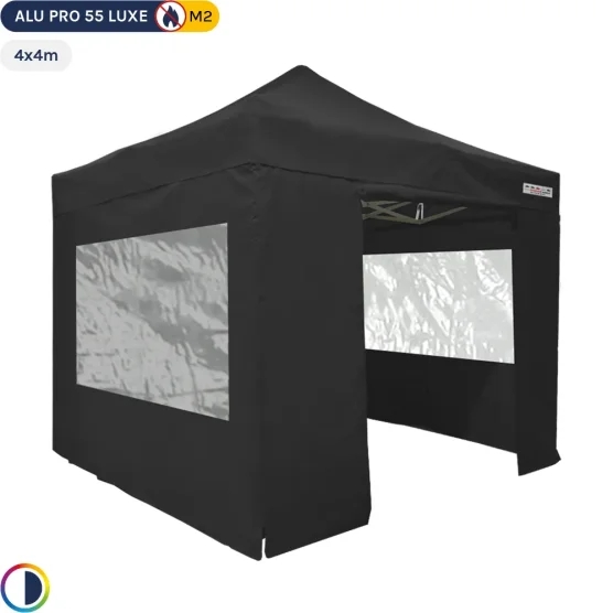 Tente pliante Alu Pro 55 LUXE M2 4mx4m NOIR + Pack Fenêtres PVC 580gr/m²