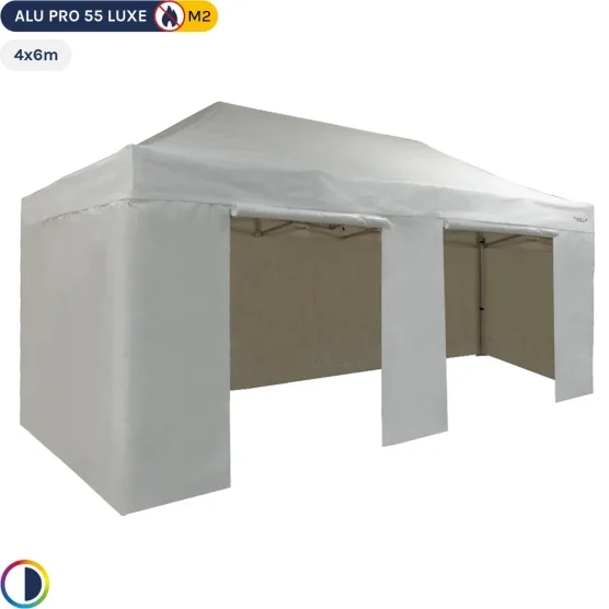 Tente Pliante Alu Pro 55 LUXE M2 4mx6m BLANC (4 pieds) + Pack Côtés 580gr/m²
