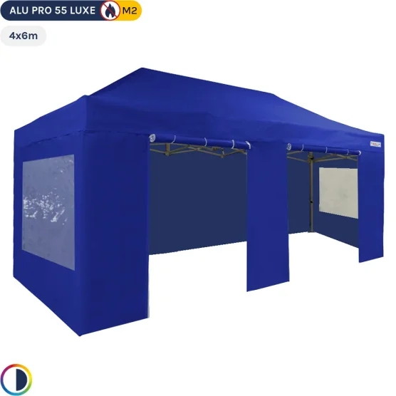 Tente Pliante Alu Pro 55 LUXE M2 4mx6m (4 pieds) BLEU + Pack Fenêtres 580gr/m²