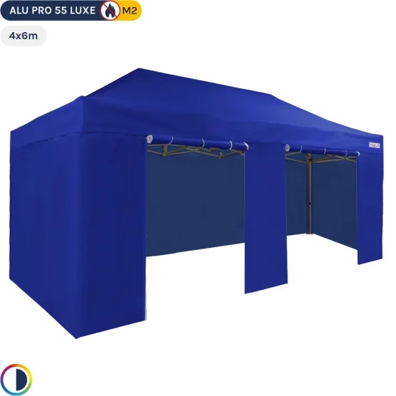 Tente Pliante Alu Pro 55 LUXE M2 4mx6m (4 pieds) BLEU + Pack Côtés 580gr/m²