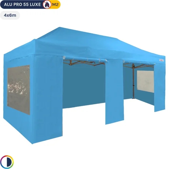 Tente Pliante Alu Pro 55 LUXE M2 4mx6m (4 pieds) BLEU CIEL + Pack Fenêtres 580gr/m² Tente Pliante Alu Pro 55 LUXE M2 4mx6m (4 pieds) BLEU CIEL + Pack Fenêtres 580gr/m²