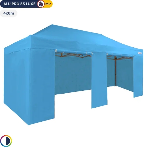 Tente Pliante Alu Pro 55 LUXE M2 4mx6m (4 pieds) BLEU CIEL + Pack Côtés 580gr/m²