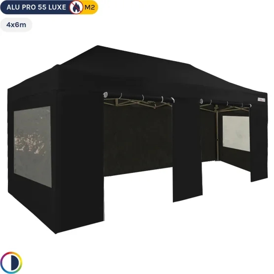 Tente Pliante Alu Pro 55 LUXE M2 4mx6m (4 pieds) NOIR + Pack Fenêtres 580gr/m²
