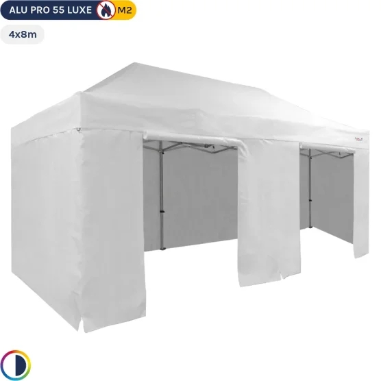 Tente Pliante Alu Pro 55 LUXE M2 4mx8m BLANC + Pack Côtés 580gr/m²