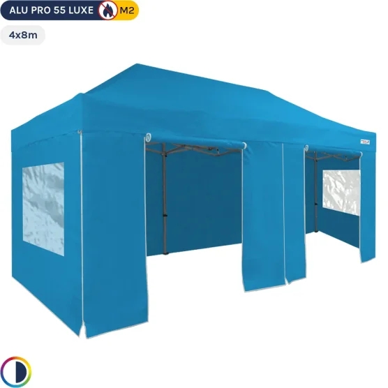 Tente Pliante Alu Pro 55 LUXE M2 4mx8m BLEU CIEL + Pack Fenêtres 580gr/m²