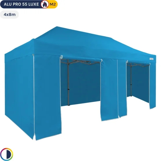 Tente Pliante Alu Pro 55 LUXE M2 4mx8m BLEU CIEL + Pack Côtés 580gr/m² Tente Pliante Alu Pro 55 LUXE M2 4mx8m BLEU CIEL + Pack Côtés 580gr/m²