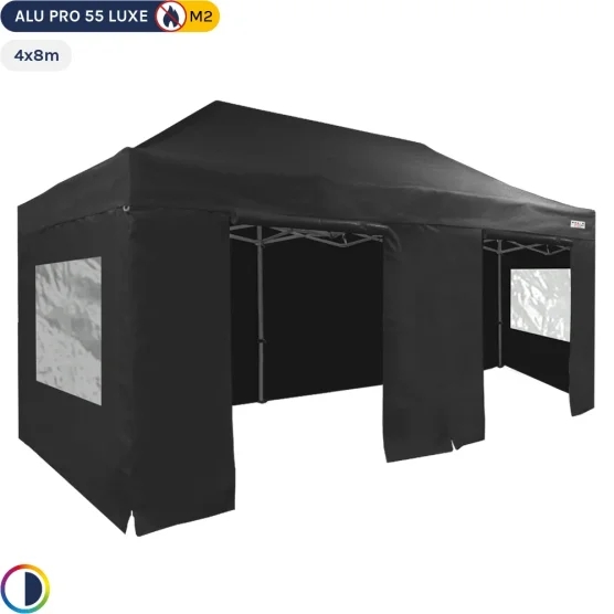 Tente Pliante Alu Pro 55 LUXE M2 4mx8m NOIR + Pack Fenêtres 580gr/m²