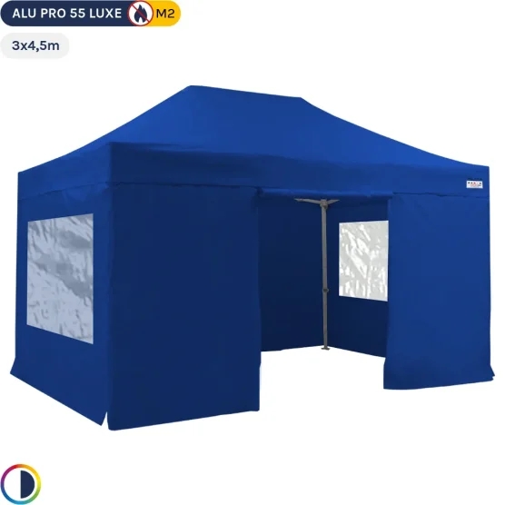Tente Pliante Alu Pro 55 LUXE M2 3mx4,5m en PVC 580g/m² BLEU + Pack Fenêtres