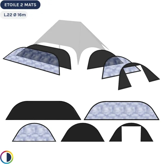 Parois noires pour star tente 2 mâts L.22m Ø16m Parois noires pour star tente 2 mâts L.22m Ø16m