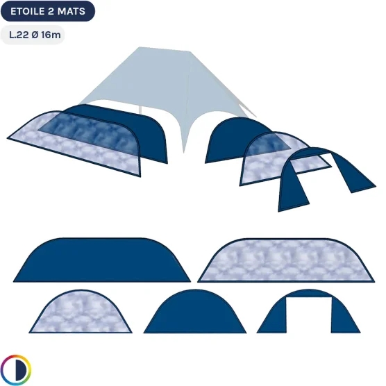 Parois bleues pour star tente 2 mâts L.22m Ø16m Parois bleues pour star tente 2 mâts L.22m Ø16m