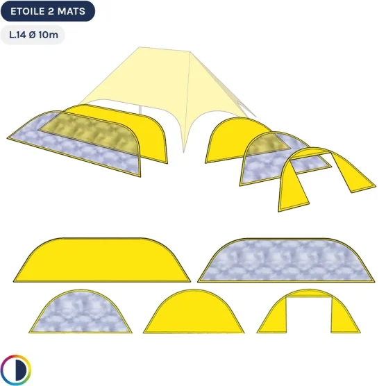 Parois jaunes pour star tente 2 mâts L.14m Ø10m