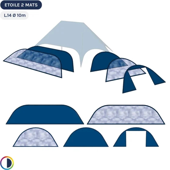 Parois bleues pour star tente 2 mâts L.14m Ø10m