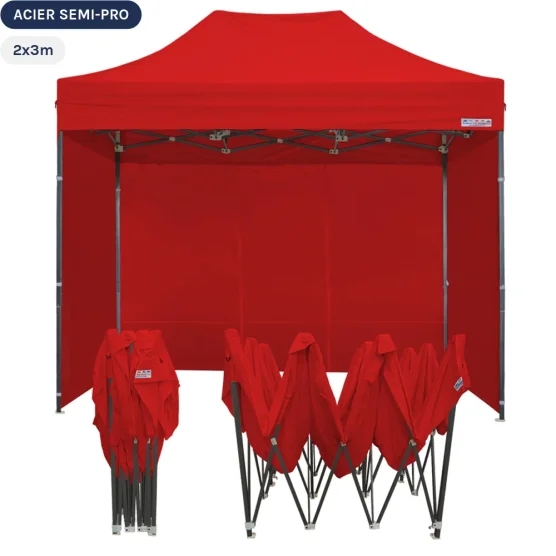 Tente Pliante Tonnelle Acier Semi Pro 2mx3m ROUGE avec Pack 4 Côtés