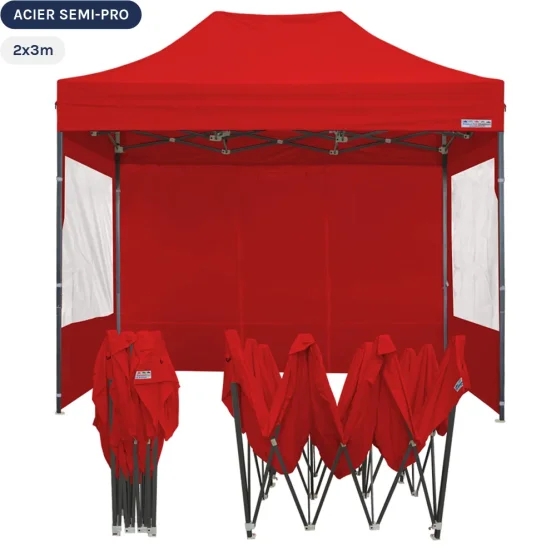 Tente Pliante Tonnelle Acier Semi Pro 2mx3m ROUGE avec Pack Fenêtres