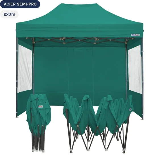 Tente Pliante Tonnelle Acier Semi Pro 2mx3m VERT EMERAUDE avec Pack Fenêtres