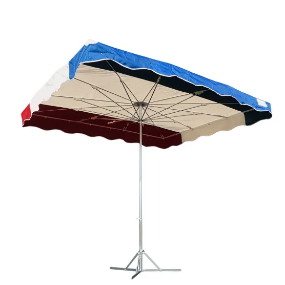 Parasol de marché télescopique 4mx3m tricolore BLEU BEIGE ROUGE pied standard Parasol de marché télescopique 4mx3m tricolore BLEU BEIGE ROUGE pied standard