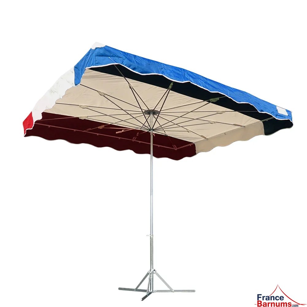 Parasol de marché télescopique 4mx3m tricolore BLEU BEIGE ROUGE pied standard Parasol de marché télescopique 4mx3m tricolore BLEU BEIGE ROUGE pied standard