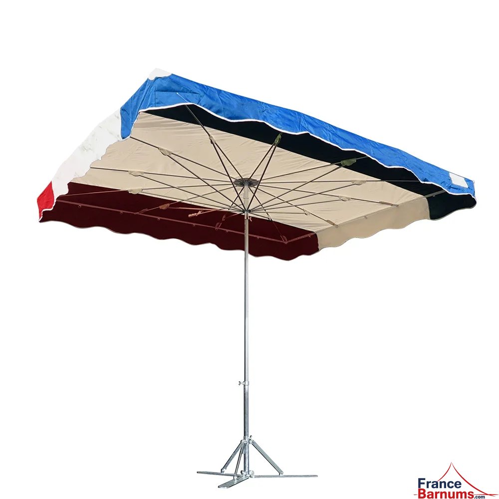 Parasol de marché télescopique 4mx3m tricolore BLEU BEIGE ROUGE pied lourd Parasol de marché télescopique 4mx3m tricolore BLEU BEIGE ROUGE pied lourd
