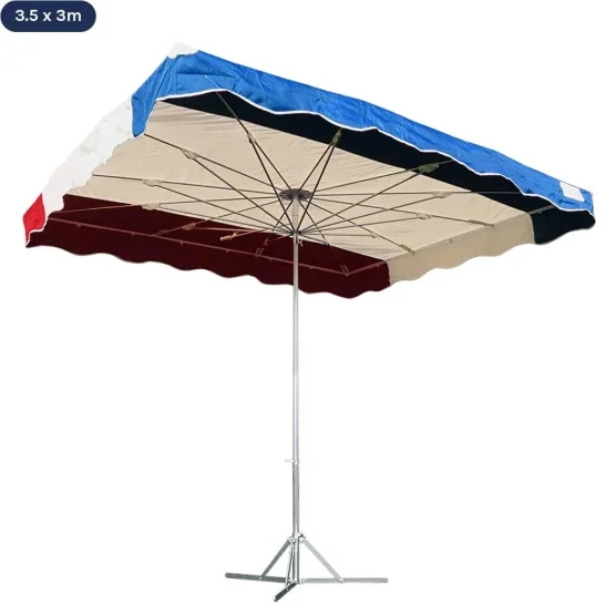 Parasol de marché télescopique 3,5mx3m tricolore BLEU BEIGE ROUGE avec pied standard Parasol de marché télescopique 3,5mx3m tricolore BLEU BEIGE ROUGE avec pied standard
