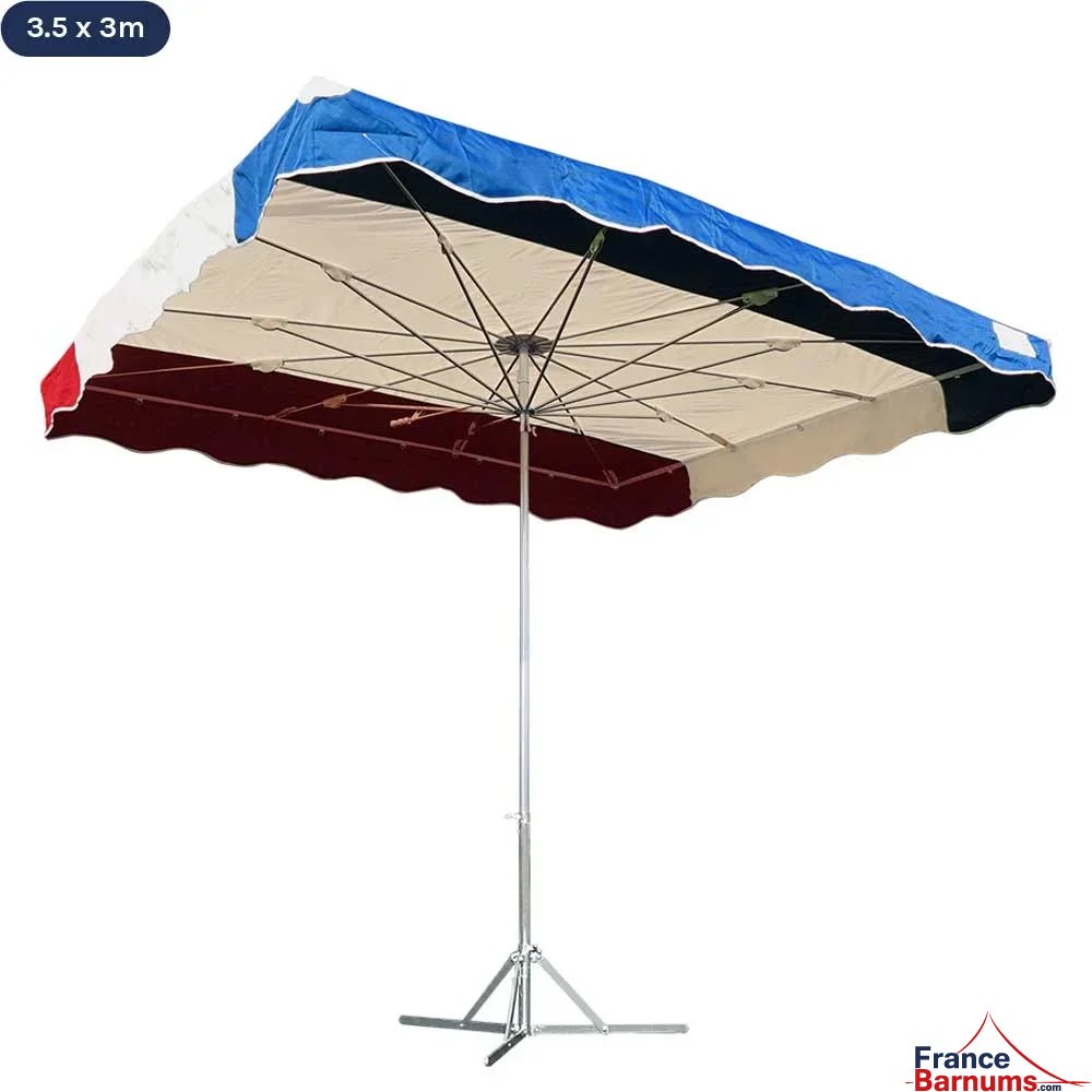 Parasol de marché télescopique 3,5mx3m tricolore BLEU BEIGE ROUGE avec pied standard