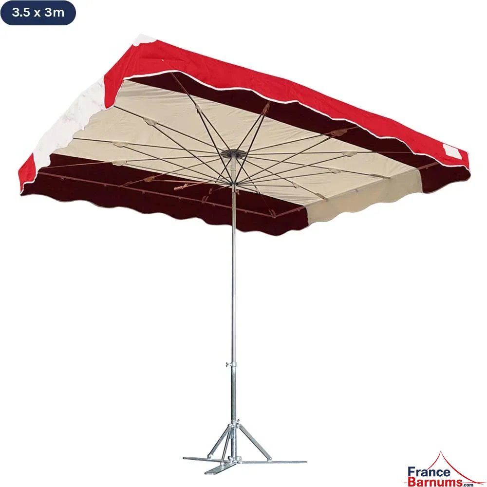Parasol de marché télescopique 3,5mx3m bicolore ROUGE et BEIGE avec pied lourd