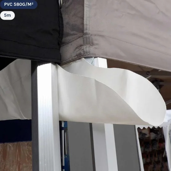 Gouttière en PVC 580gr/m² de 5m pour tente pliante à fixer par bandes de velcro sur les bandeaux de la bâche de toit