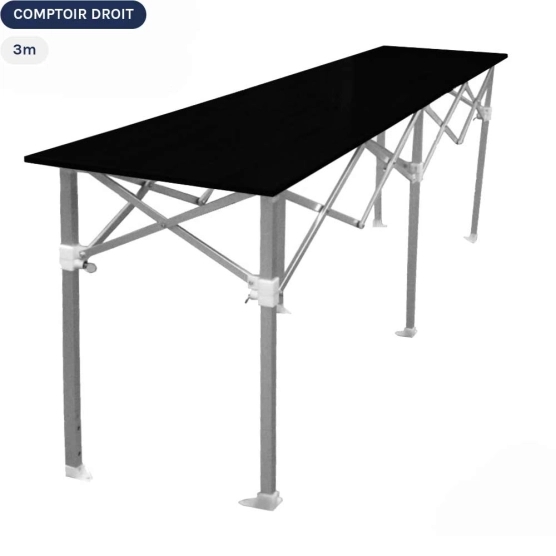 Table Comptoir Pliante 3m avec Plateau noir de 42cm