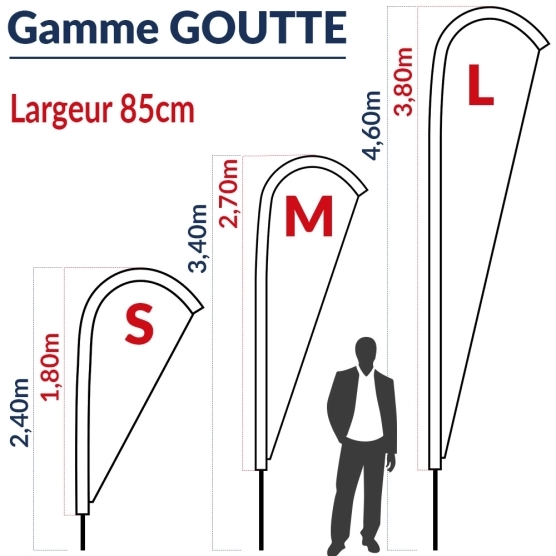 Tailles des oriflammes Drapeau GOUTTE imprimées Tailles des oriflammes Drapeau GOUTTE imprimées